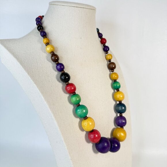 Colorful Rainbow Wooden Bead Necklace Long Length Statement - Picture 4 of 7